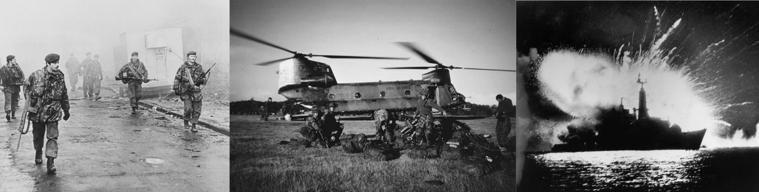 Image depicting the 3 branches of the UK Armed Forces, scenes from the Falklands Conflict 1982